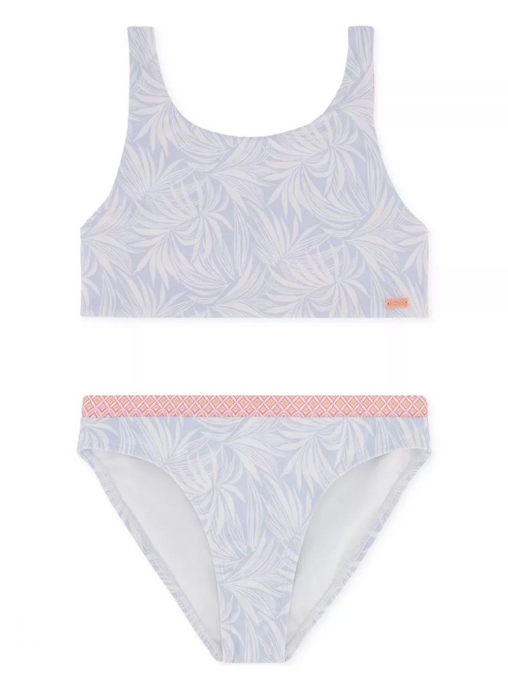 Roxy Girls Light Blue Leaf Print Bikini with Pink Trim